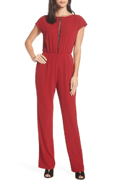 Charles Henry Lace Inset Jumpsuit In Ruby