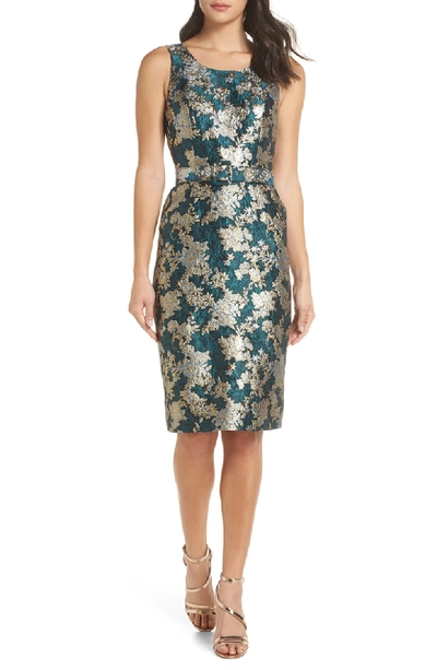 Charles Henry Belted Jacquard A-line Dress In Teal Jacquard