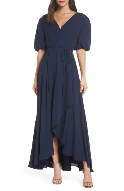 Fame And Partners V-neck Georgette Wrap Gown In Navy