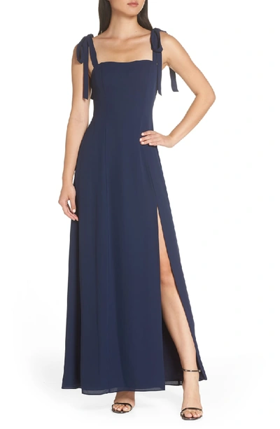Fame And Partners Tie Shoulder Gown In Navy | ModeSens
