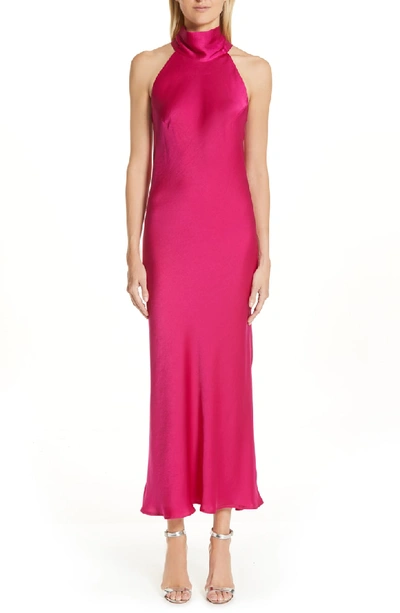 Galvan Satin Halter Neck Dress In Fuchsia