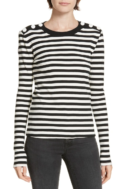Veronica Beard Mayer Button Shoulder Stripe Top In Black/ White
