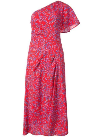 Carolina Herrera One-shoulder Floral-print Textured Silk Dress In Scarlet