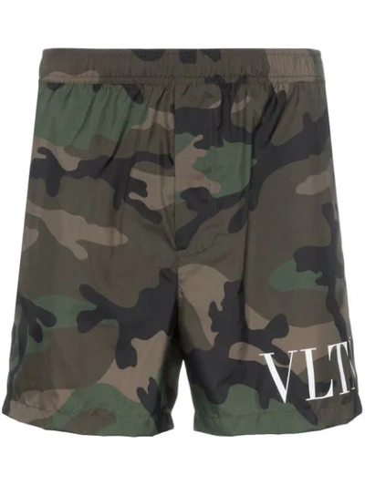 Valentino Camouflage Print Nylon Swim Shorts In Military Green