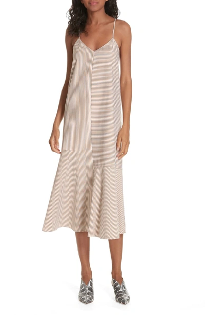 Tibi Kaia V-neck Striped Flared Long Cami Dress In Khaki/ White Multi