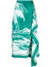 Tibi Leilani Draped Printed Silk-twill Midi Skirt In Green