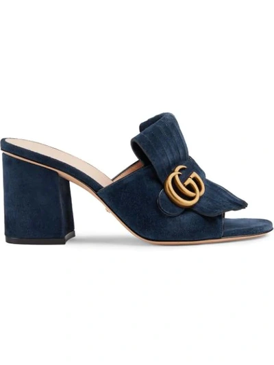 Gucci Navy Suede Gg Marmont Slide Heeled Sandals In Blue