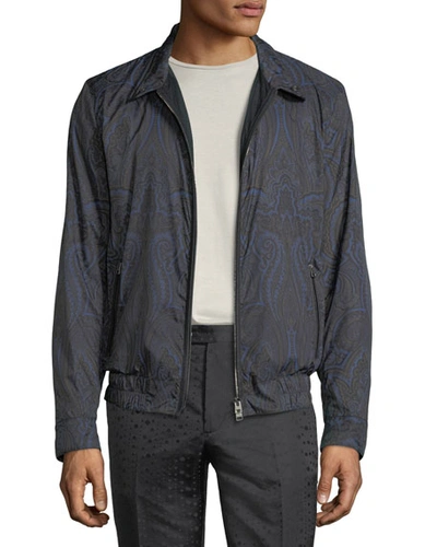 Etro Men's Paisley-print Blouson Jacket With Leather Trim In Navy