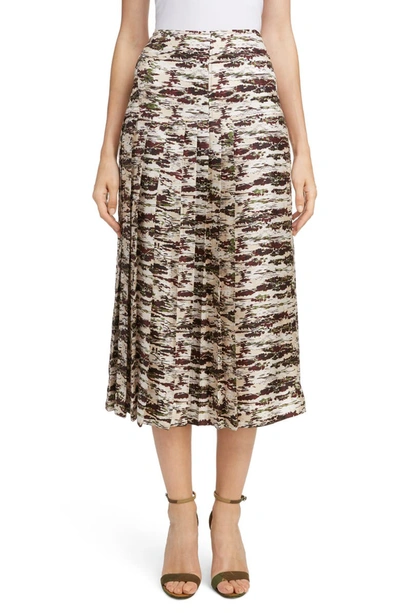 Victoria Beckham Camouflage-print Pleated Silk Midi Skirt In Bordeaux-green