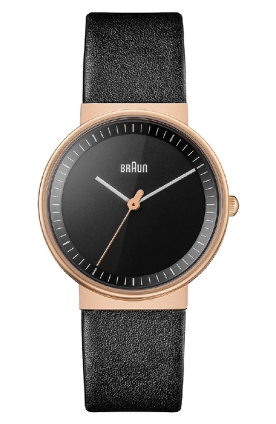 Braun Classic Leather Strap Watch, 33mm In Black/ Rose Gold