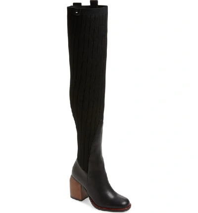 Kelsi Dagger Brooklyn Over The Knee Knit Boot In Black Leather