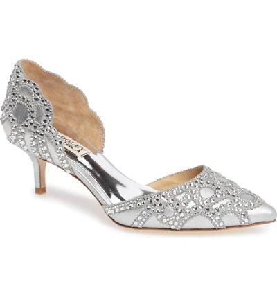 Badgley Mischka Ginny Metallic Suede Embellished D'orsay Pointed Toe Pumps In Silver