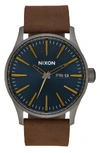 Nixon Sentry Leather Strap Watch, 42mm In Brown/ Indigo/ Gunmetal