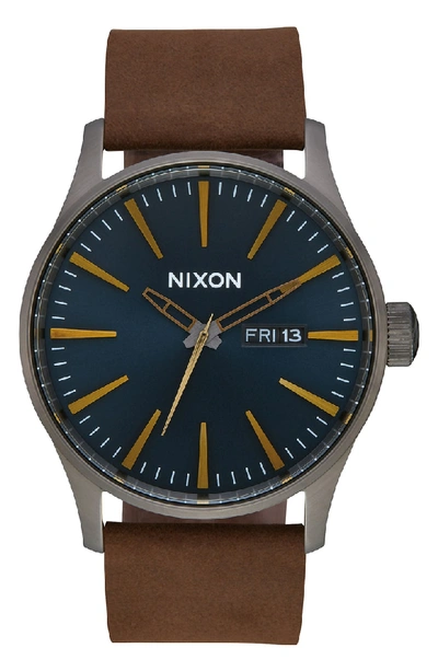 Nixon Sentry Leather Strap Watch, 42mm In Brown/ Indigo/ Gunmetal