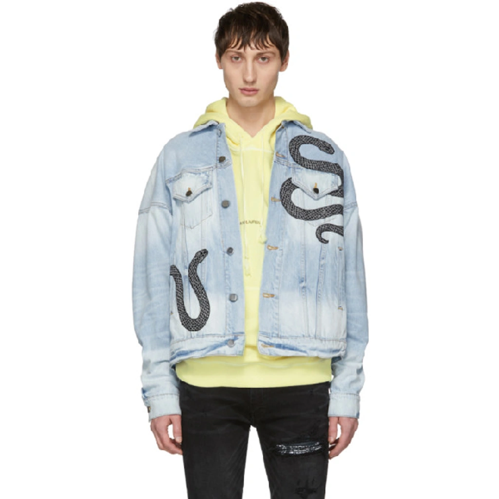 Amiri Indigo Denim Glitter Snake Oversized Trucker Jacket In Blue