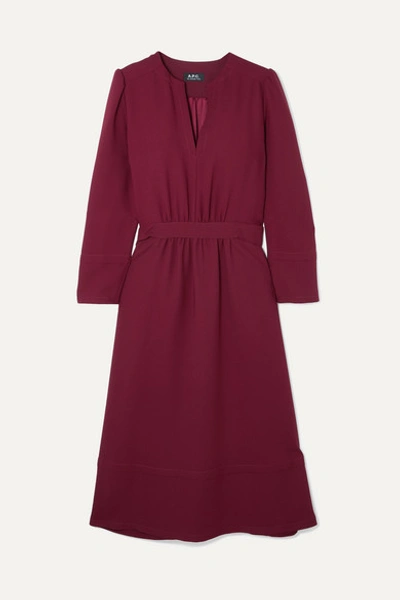 Apc Belted Crepe Midi Dress In Bordeaux