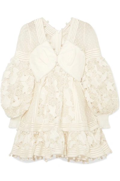 Zimmermann Pompom-embellished Paneled Cotton And Silk-blend Guipure Lace Mini Dress In Ivory