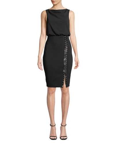 Badgley Mischka Bateau-neck Sleeveless Blouson Dress W/ Embellished Skirt & Zip Hem In Black
