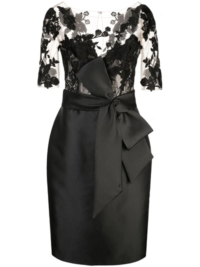 Badgley Mischka Bateau-neck Elbow-sleeve Embroidered Tulle Illusion Dress W/ Bow Detail In Black ,neutral