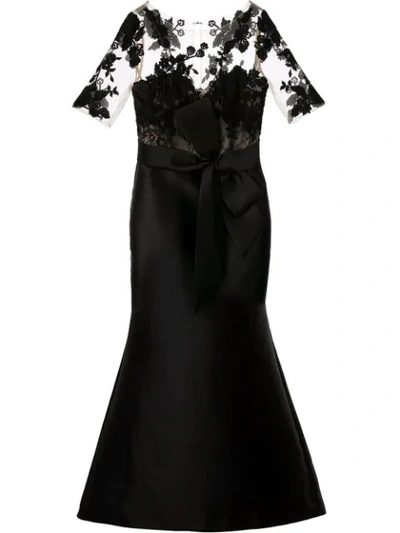 Badgley Mischka Bateau-neck Elbow-sleeve Illusion Gown W/ Floral Embroidery In Black