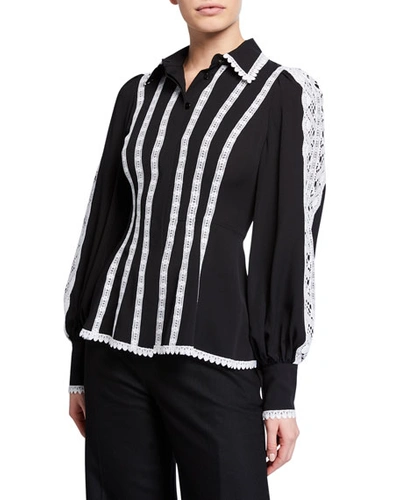 Andrew Gn Long-sleeve Contrast Lace-striped Silk Blouse In Blue/white