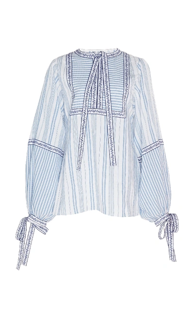 Andrew Gn Long-sleeve Mixed Stripe Tie-neck Peasant Blouse In Blue/white