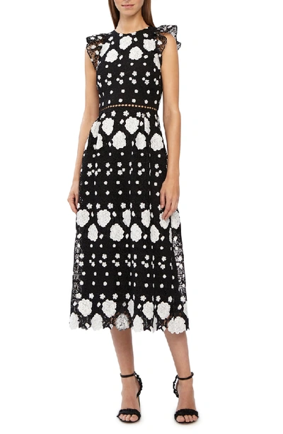 ml Monique Lhuillier Cap-sleeve Multicolored Lace Midi Dress W/ Floral Embellishments In Jet Ivory