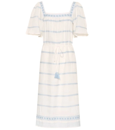 Tory Burch Square-neck Short-sleeve Embroidered Ruffle Dress W/ Tassel Belt In New Ivory / Seltzer