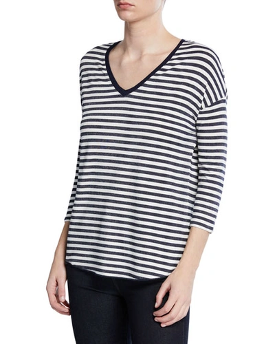 Majestic Striped V-neck 3/4-sleeve Sweater In Milkbrume Chine