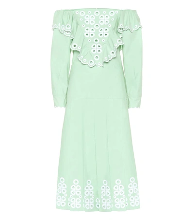 Fendi Embroidered Cotton Midi Dress In Green