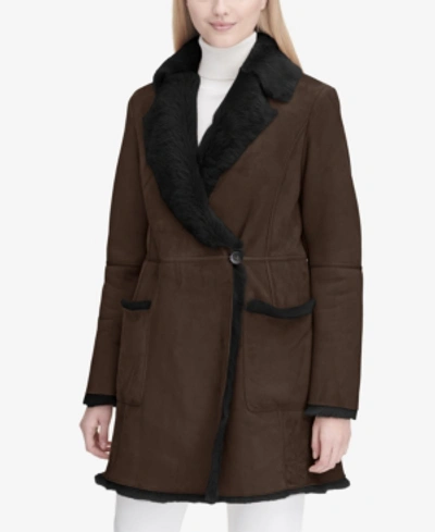 Calvin Klein Wrap-front Shearling Coat In Dark Chocolate