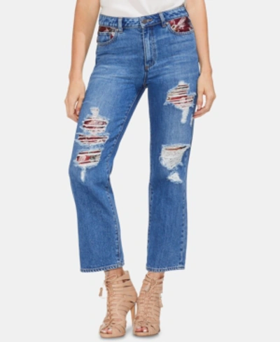 Vince Camuto Tapestry Patchwork Crop Straight Leg Jeans In Indigo River