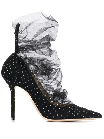 Jimmy Choo Lavish 100 Black Suede Pump With Black And Silver Glitter Tulle Overlay