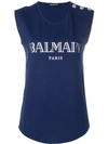 Balmain Metallic Logo-print Cotton-jersey Top In Indigo