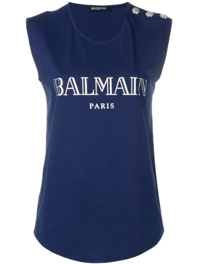 Balmain Metallic Logo-print Cotton-jersey Top In Blue