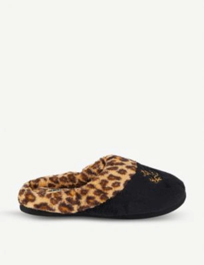 Ralph Lauren Embroidered Logo Leopard Cotton Slippers In Black Leopard