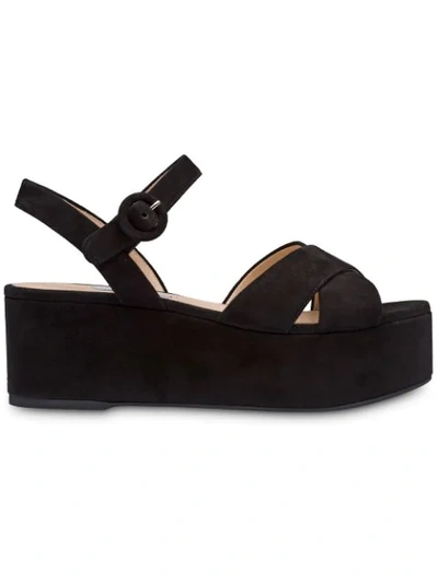 Prada Suede Wedge Platform Sandals In Black