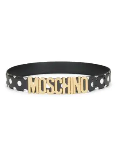 Moschino Logo Plate Polka Dot Saffiano Leather Belt In Black