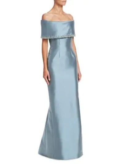 Catherine Regehr Grace Off-the-shoulder Crepe Trumpet Gown In Blue Grey