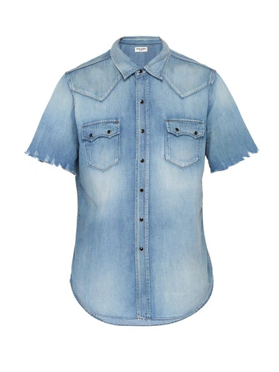 Saint Laurent Short-sleeve Western Pocket Denim Button-down Shirt In Blue