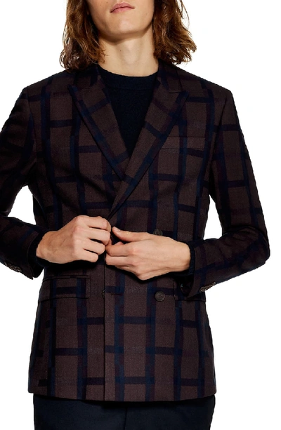 Topman Skinny Fit Double Breasted Check Blazer In Burgundy