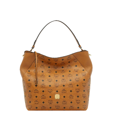 Mcm Large Klara Visetos Coated Canvas Hobo In Cognac