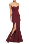 Dress The Population Ellen Strapless Gown With Thigh Slit In Burgundy