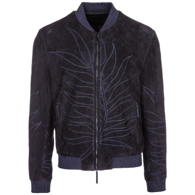 Emporio Armani Men's Leather Outerwear Jacket Blouson In Blue