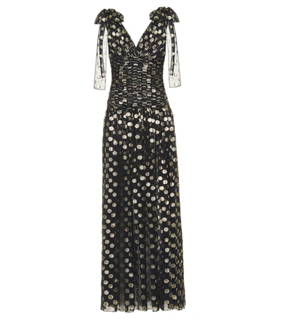 Dolce & Gabbana Flutter-sleeve Fil Coupe Dotted Chiffon Gown In Black
