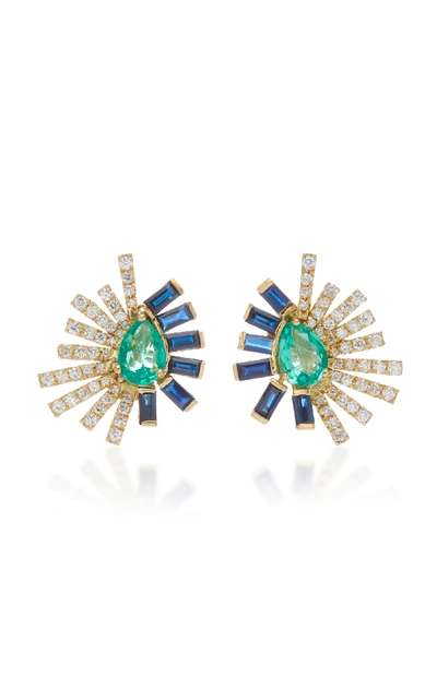 Carol Kauffmann La Belle Duo 18k Gold Emerald Ruby And Diamond Earrings In Blue