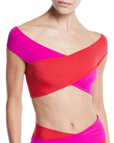 Oye Swimwear Lucette Off-the-shoulder Bikini Top In Pink/red