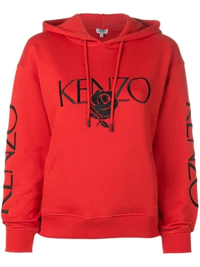 Kenzo Bold Embroidered Rose Logo Hoodie In Red