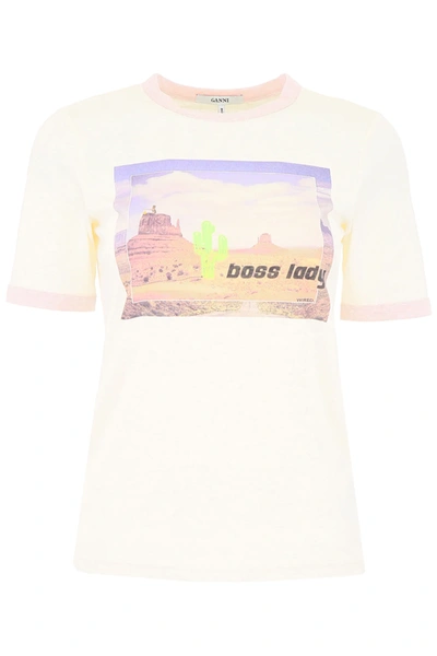 Ganni Ranger Printed Slub Jersey T-shirt In Yellow,pink