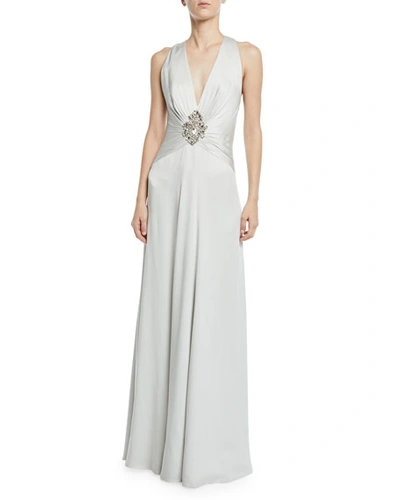 Jenny Packham Bali V-neck Embellished Wrapped Satin Gown In White/silver